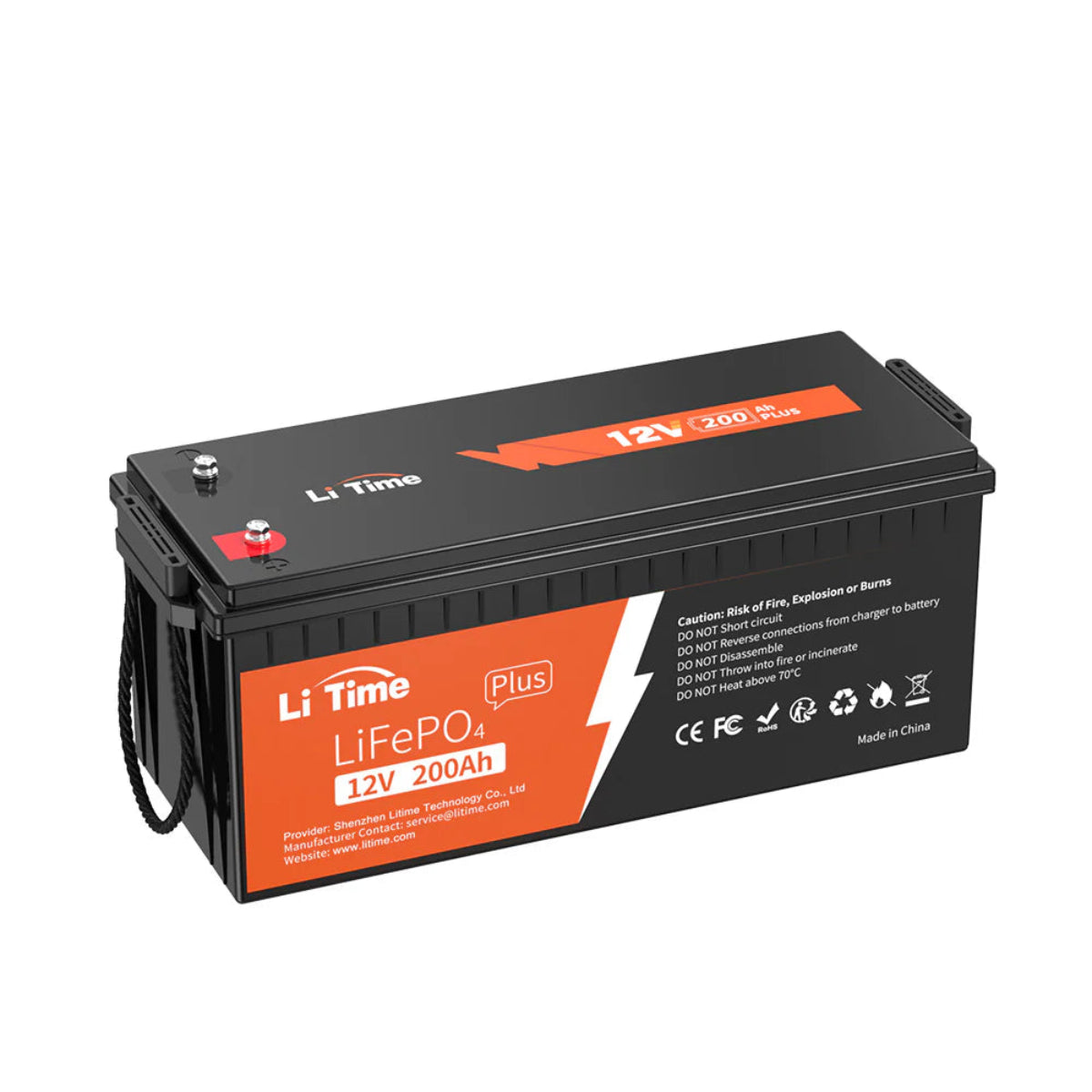 Li Time LiFePO4 battery on a white background