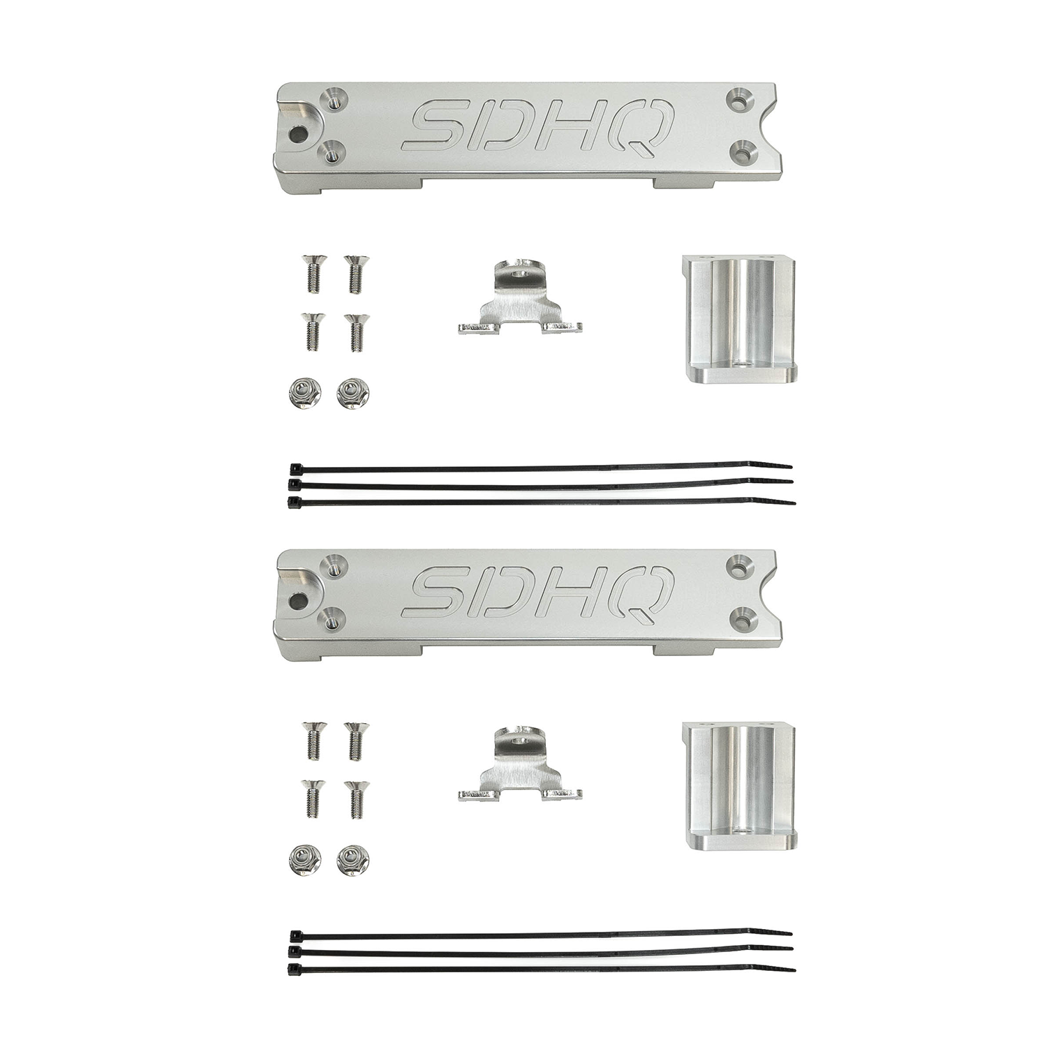 2011-2016 Ford Super Duty SDHQ Built Dual Battery Billet Battery Hold Down Kit display of included parts and hardware