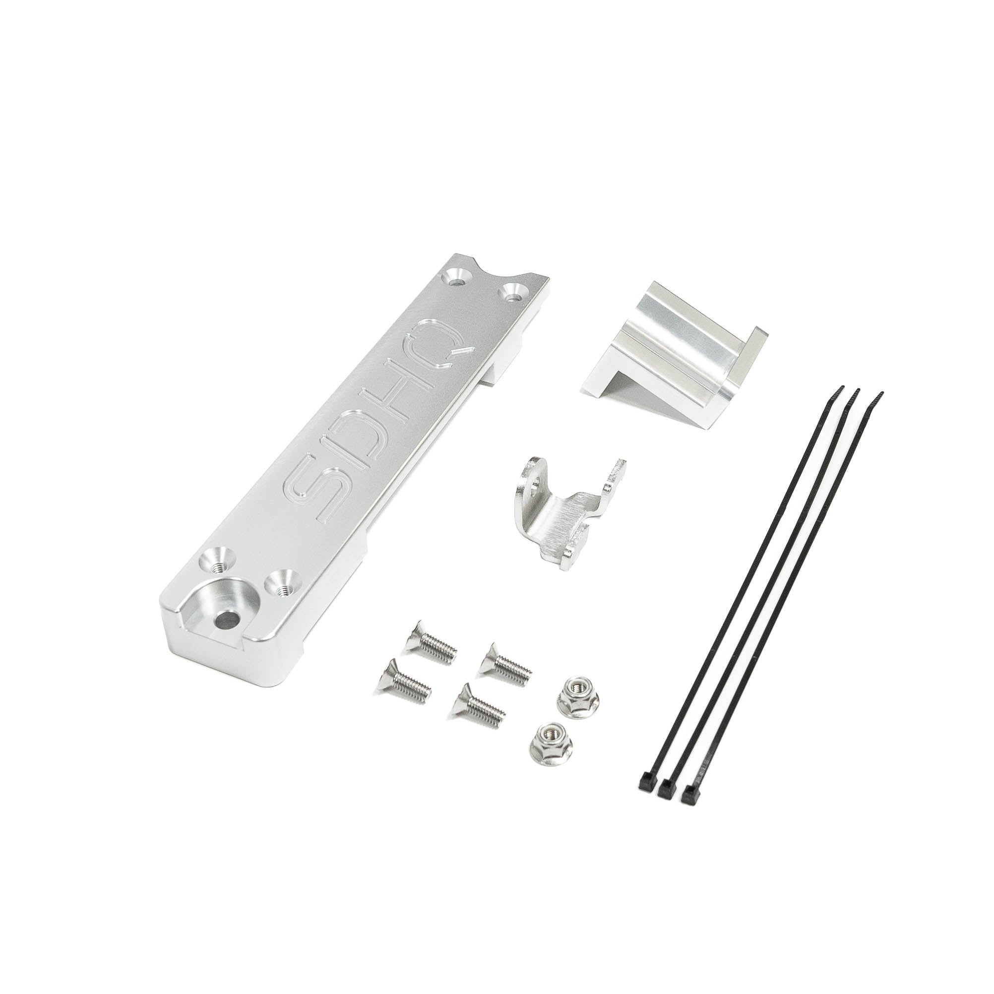 2011-2016 Ford Super Duty SDHQ Built Dual Battery Billet Battery Hold Down Kit display of included parts and hardware