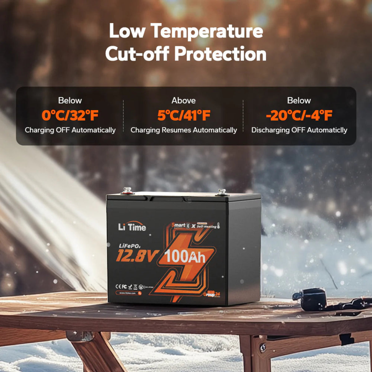 Battery with temperature cut-off protection features displayed on a snowy background