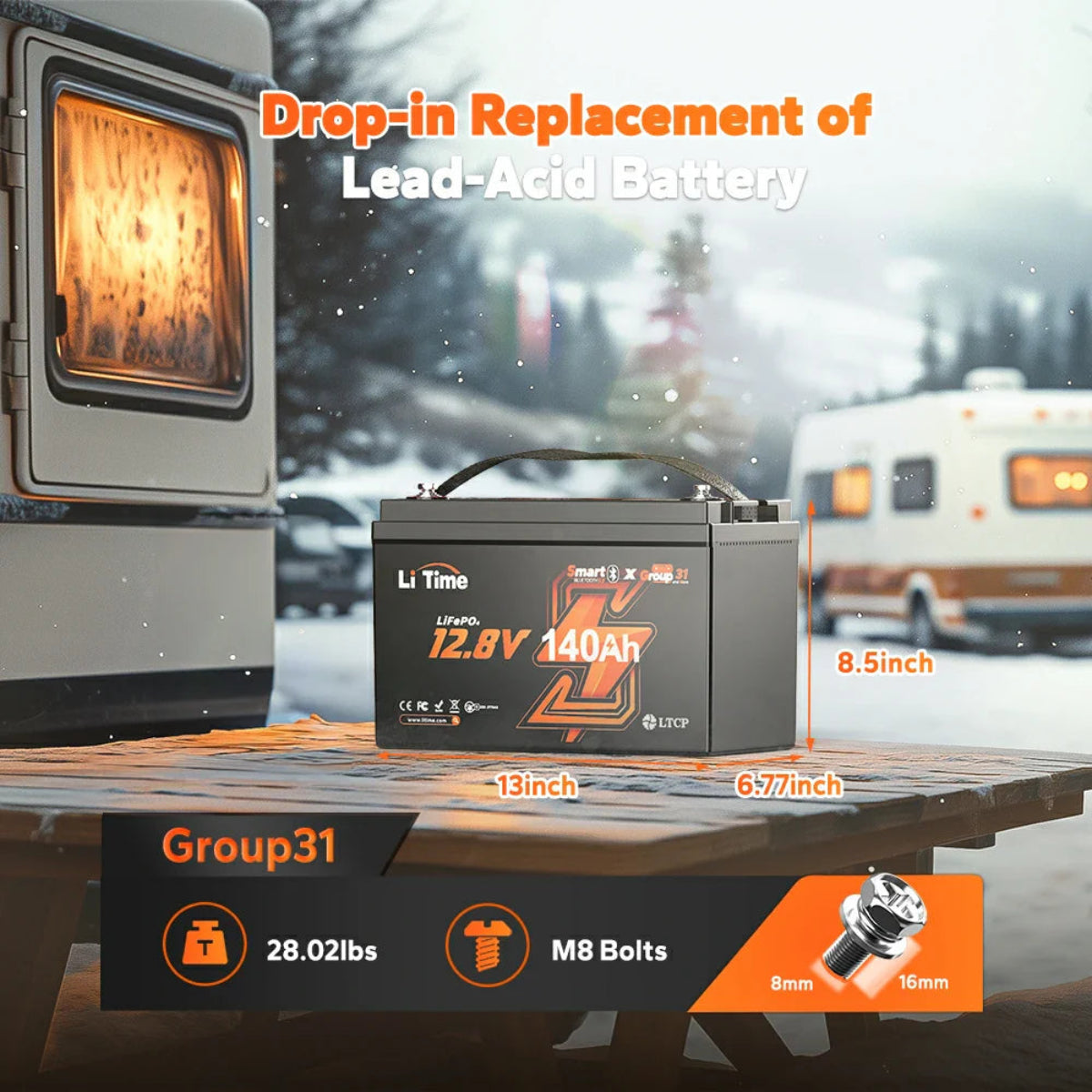 battery closeup dimensions drop in replacement LiTime 12V 140Ah