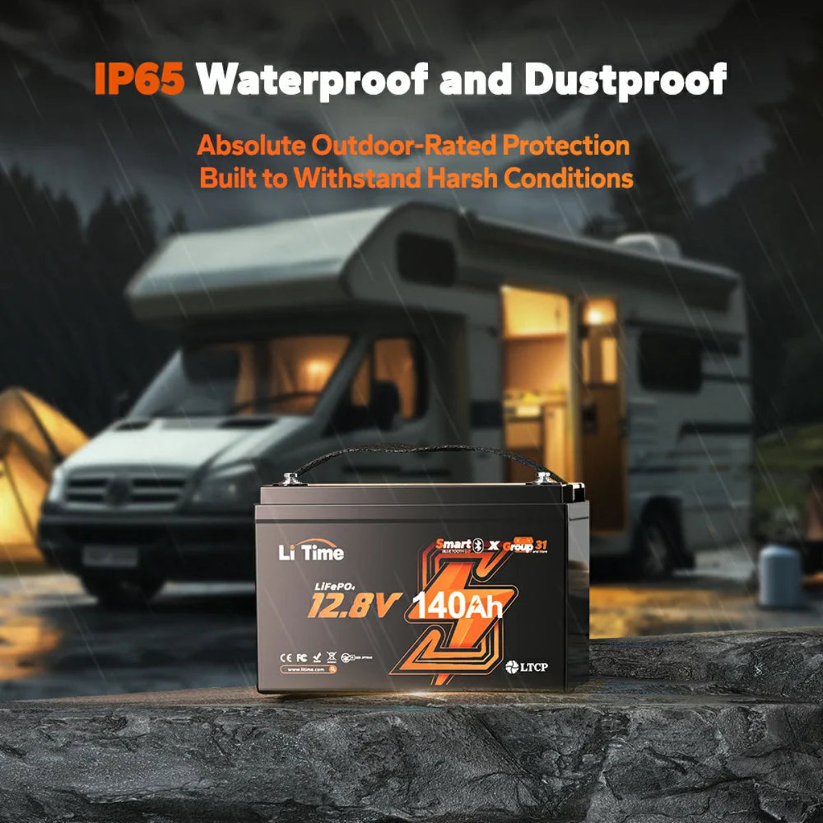 LiTime battery with camping scene in the background, emphasizing waterproof and dustproof features.