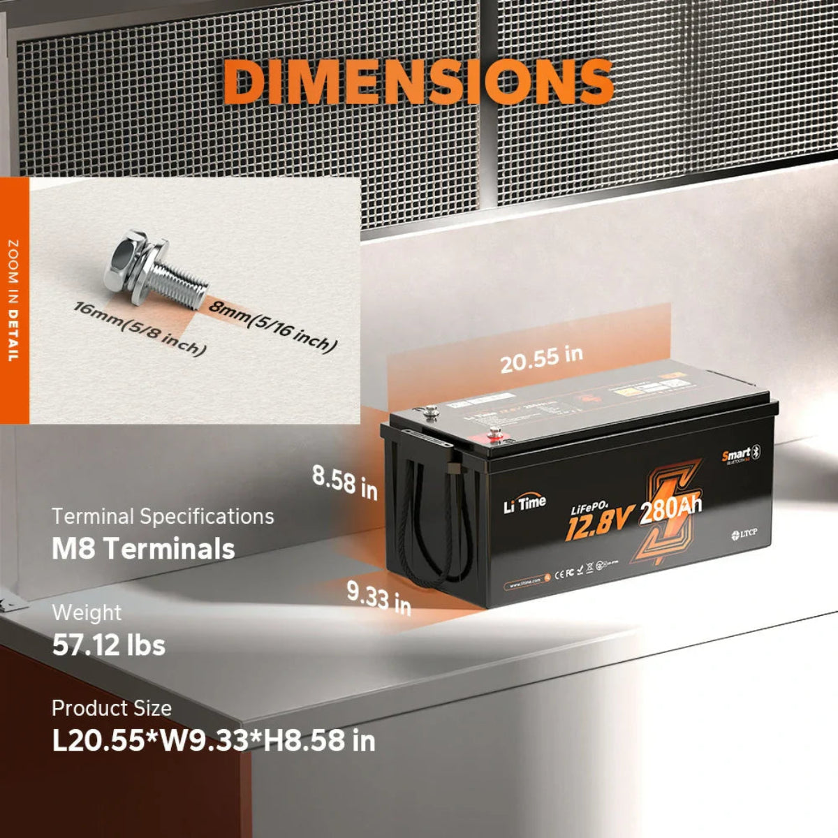 Side view of 12V 280Ah lithium battery with dimensions