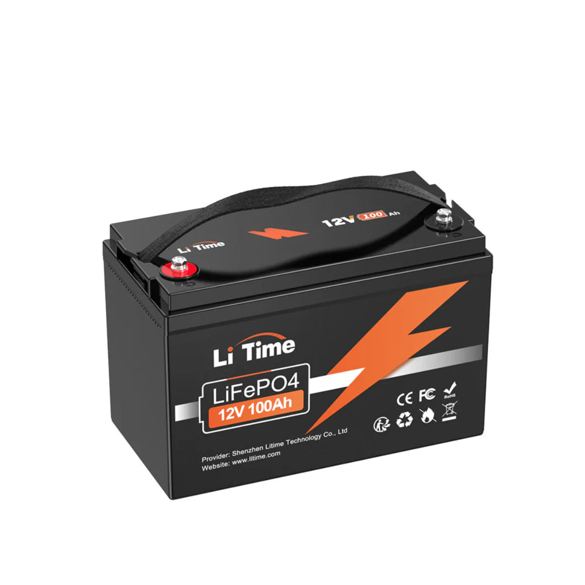 Front view of LiTime 12V 100Ah LiFePO4 lithium deep-cycle battery