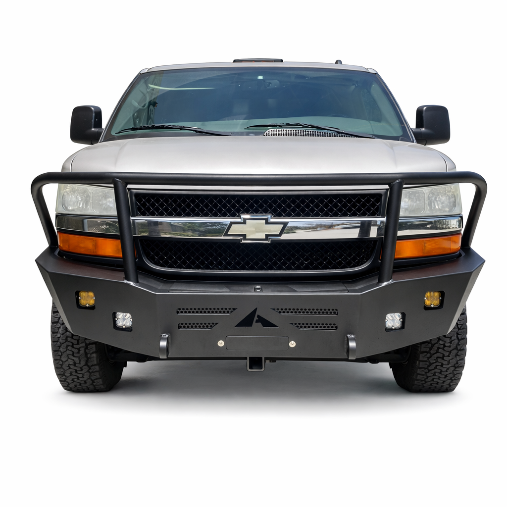 Aluminess front bumper installed on a Chevy Express van with brush guard and winch-ready design