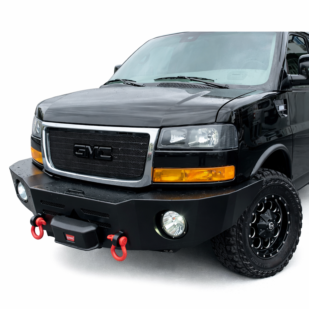 Aluminess front bumper with winch installed for 2003+ Chevy Express and GMC Savana on a white background
