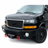 Aluminess front bumper with winch installed for 2003+ Chevy Express and GMC Savana on a white background