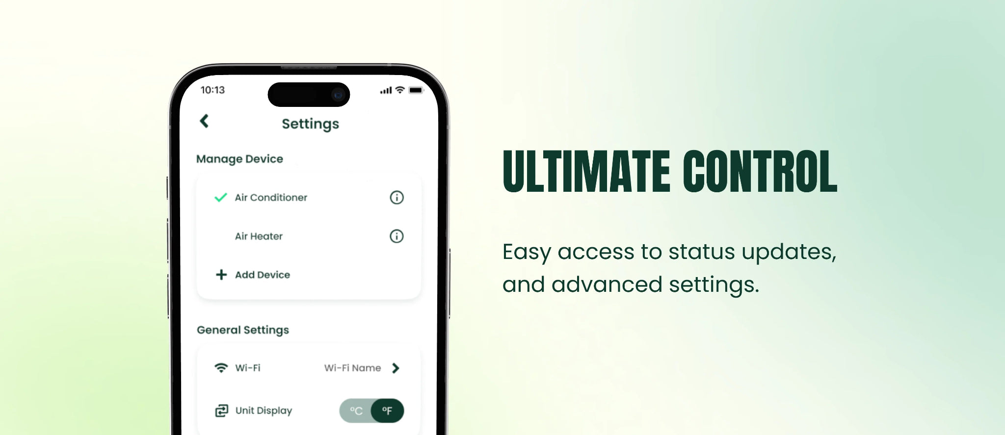 mobile app interface for managing Velit air conditioner and heater settings