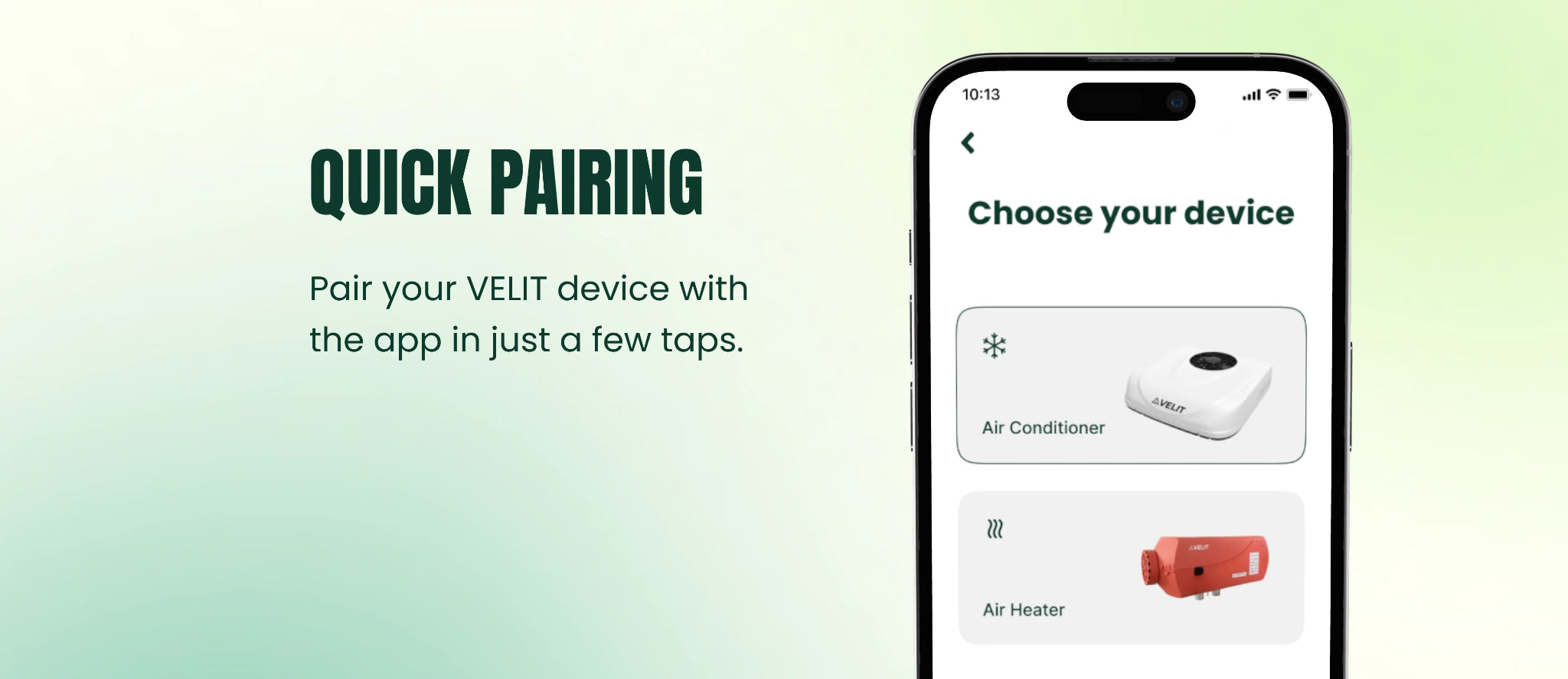 Velit app screen for pairing air conditioners and air heaters