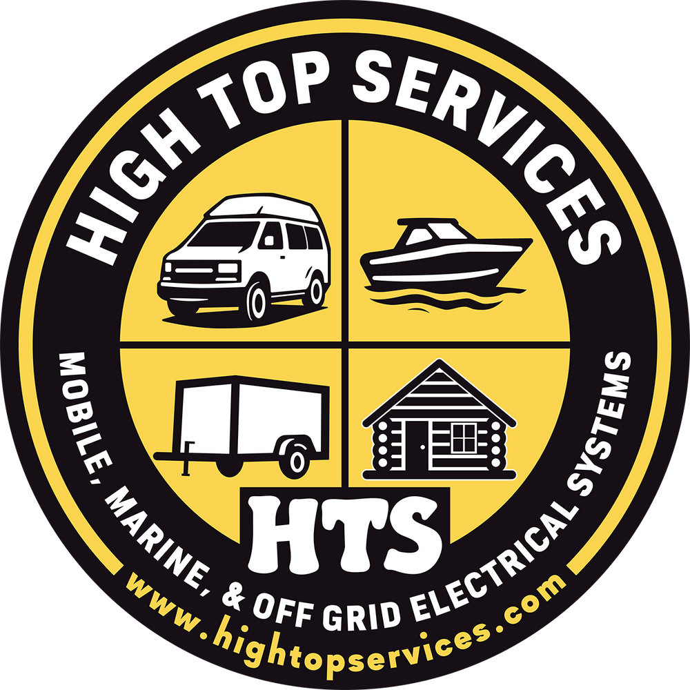 Logo of High Top Services with icons of a van, boat, trailer, and cabin on a yellow background.