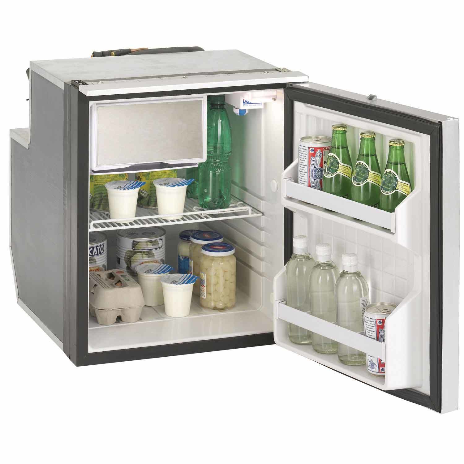 Stainless steel Isotherm Cruise 65 Clean Touch 12V DC and 120V AC refrigerator freezer with right-hand door swing