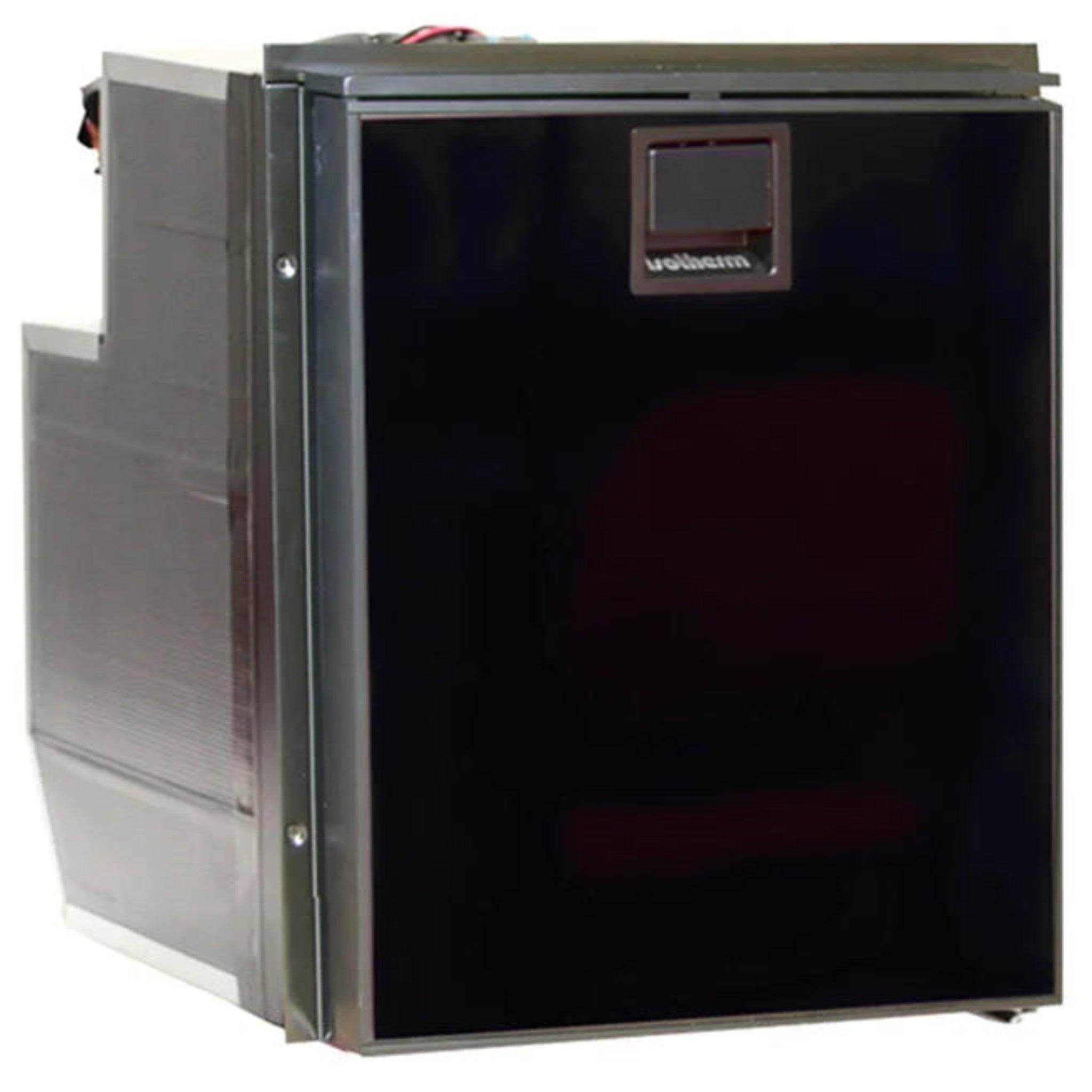 Black gloss acrylic AC/DC 2.3 cubic foot refrigerator/freezer with 4L freezer compartment and right-hand door swing