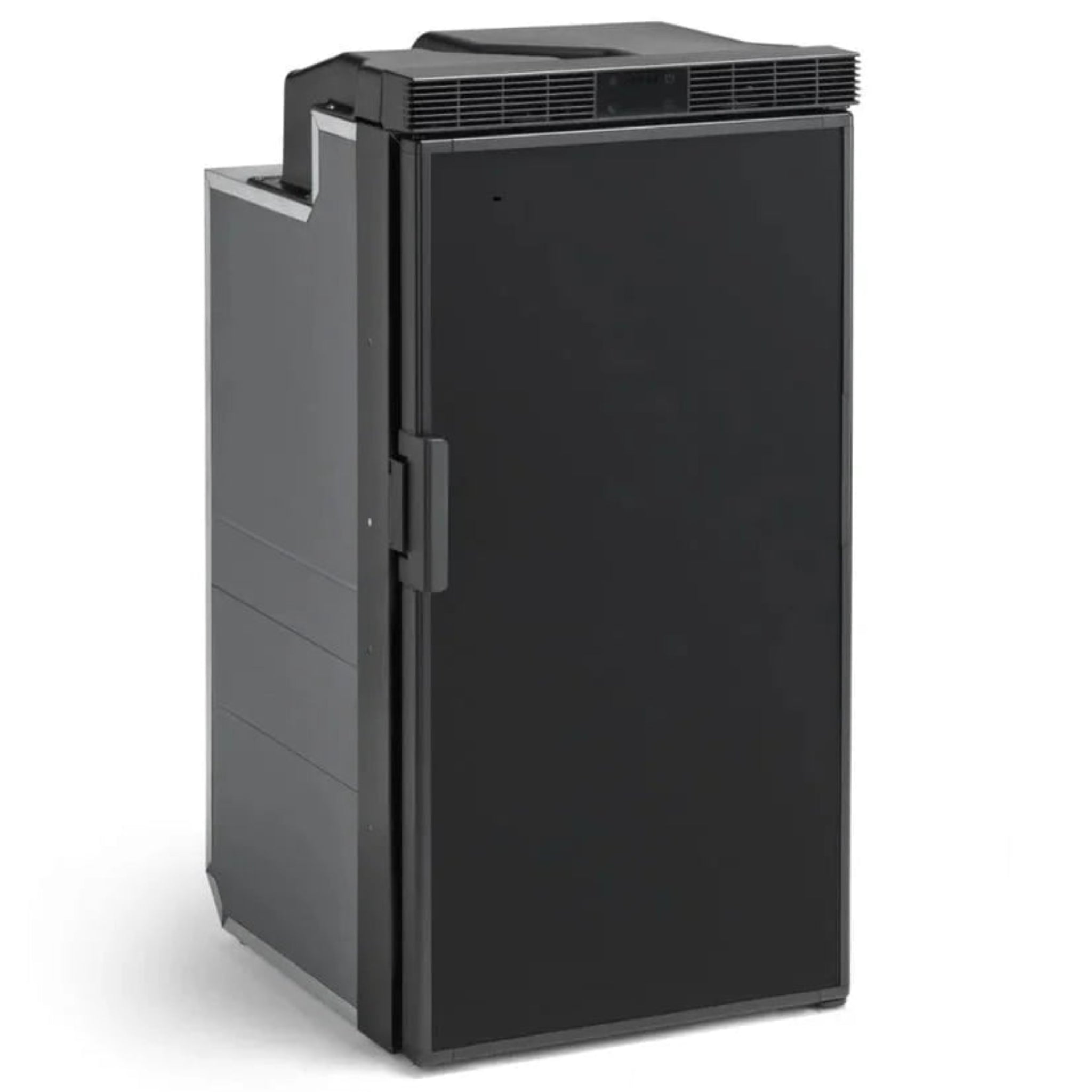 Tall and narrow 12V DC black refrigerator/freezer with right-hand door for RV or campervan installation