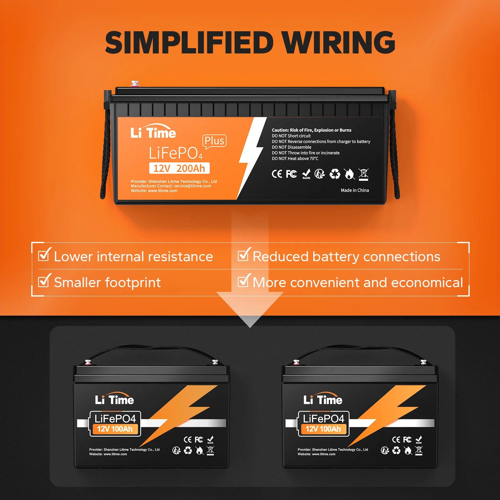 Li Time LiFePO4 battery with simplified wiring features