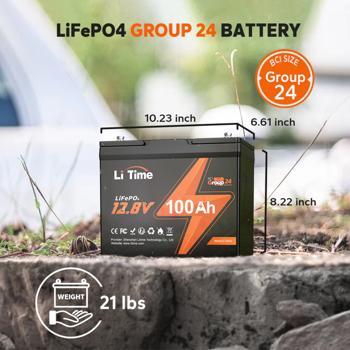 LiFePO4 Group 24 battery with dimensions and specifications on a natural background