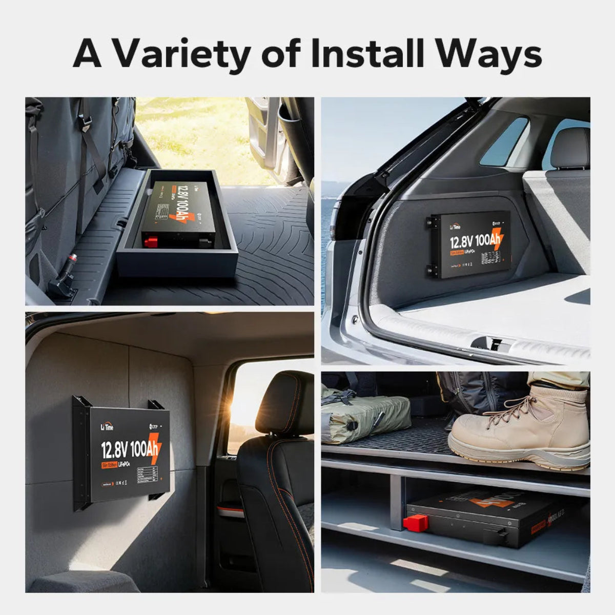 Various installation methods for the slim LiTime lithium battery in a vehicle.