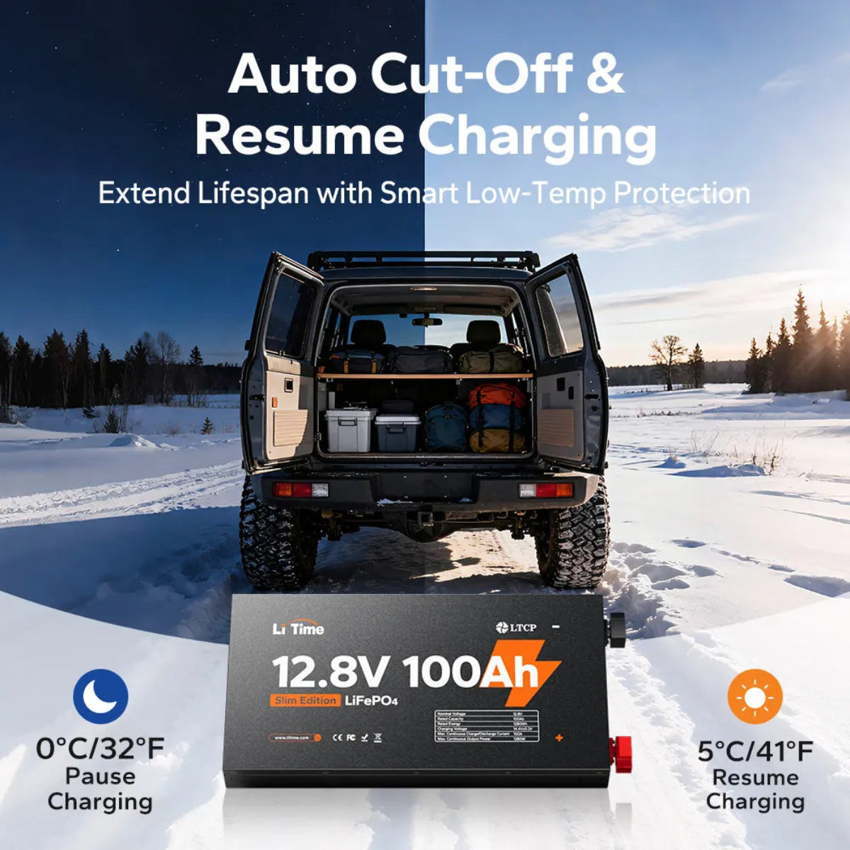 LiFePO4 extended lifespan with smart-low temp protection.