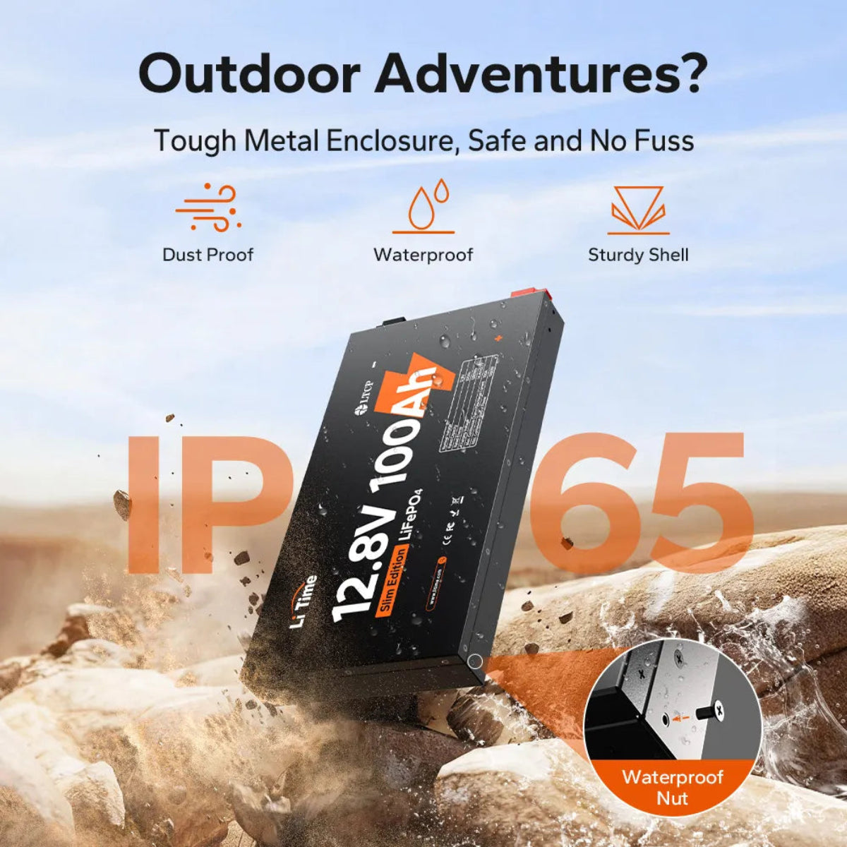 Side profile of LiTime 12V 100Ah slim lithium battery in tough metal case.