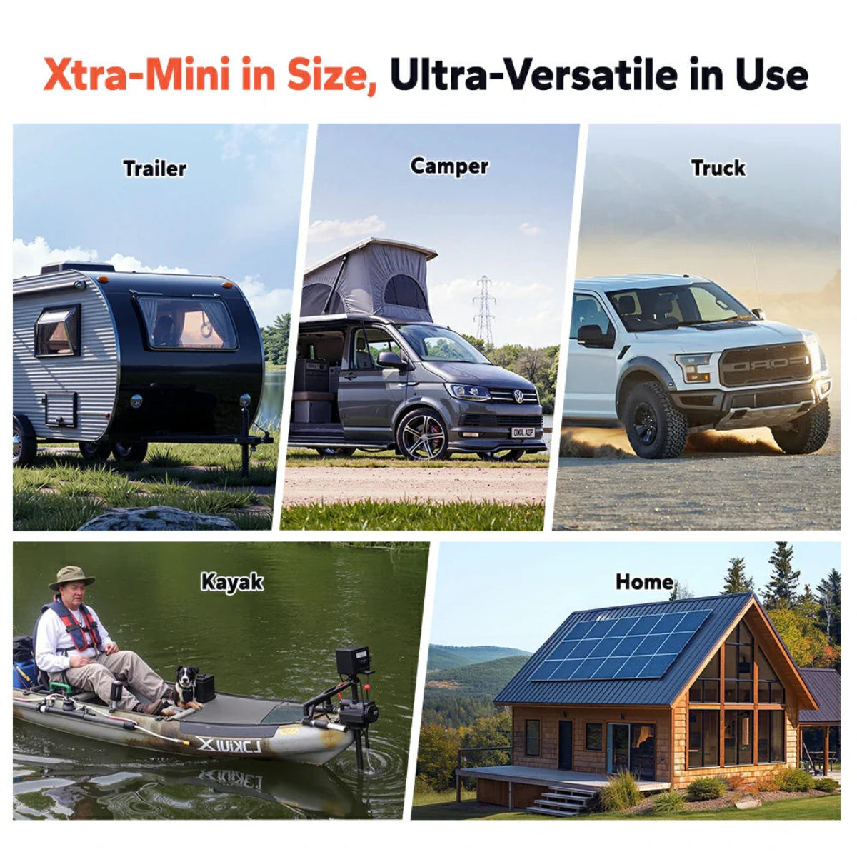 Collage of various vehicles and outdoor activities displaying the Xtra Mini versatility.