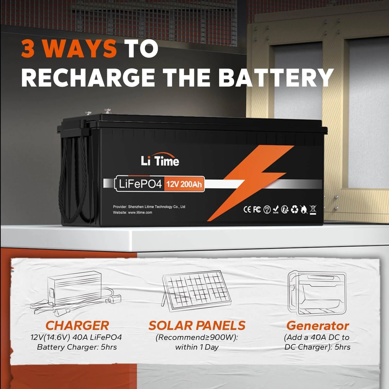 Li Time battery with charging methods illustrated.