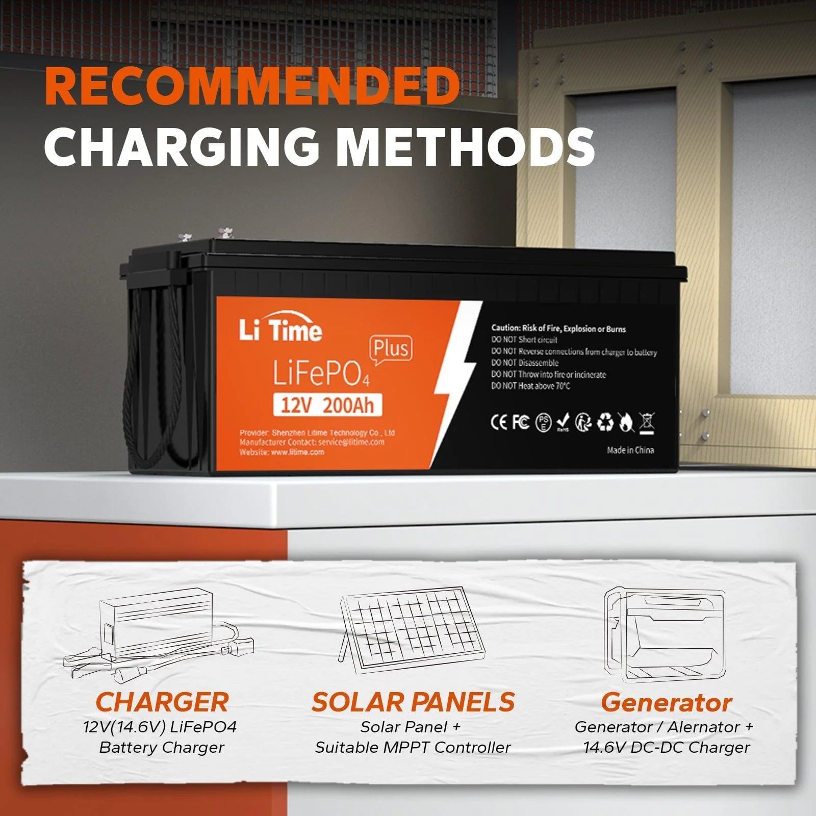 Li Time battery with charging methods illustrated