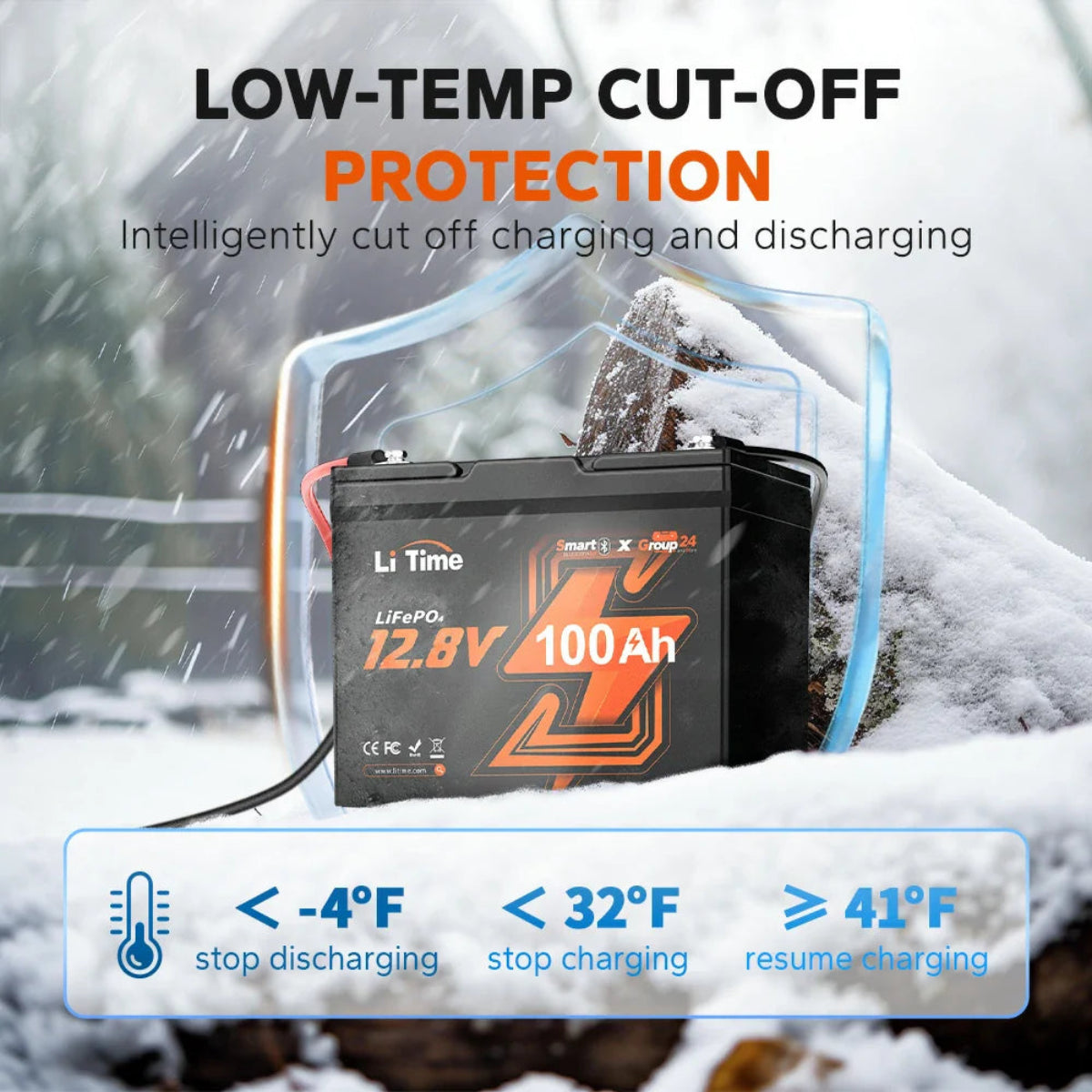 Battery with low-temperature cut-off protection feature displayed in a snowy landscape.