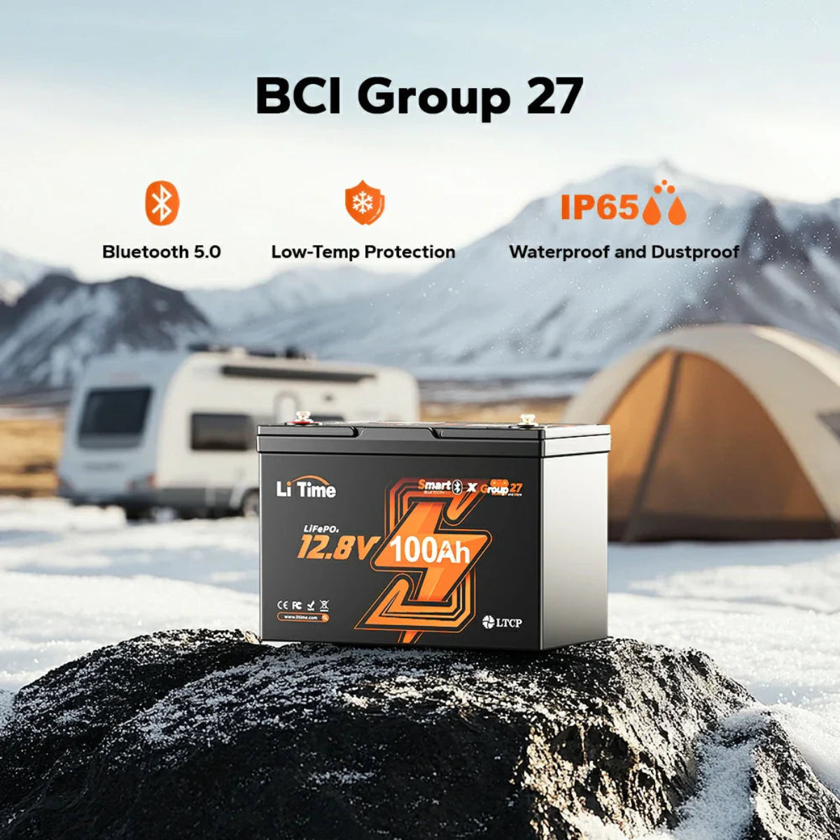 Battery on a rock with mountains, camper, and tent in the background, featuring BCI Group 27 branding.