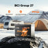 Battery on a rock with mountains, camper, and tent in the background, featuring BCI Group 27 branding.