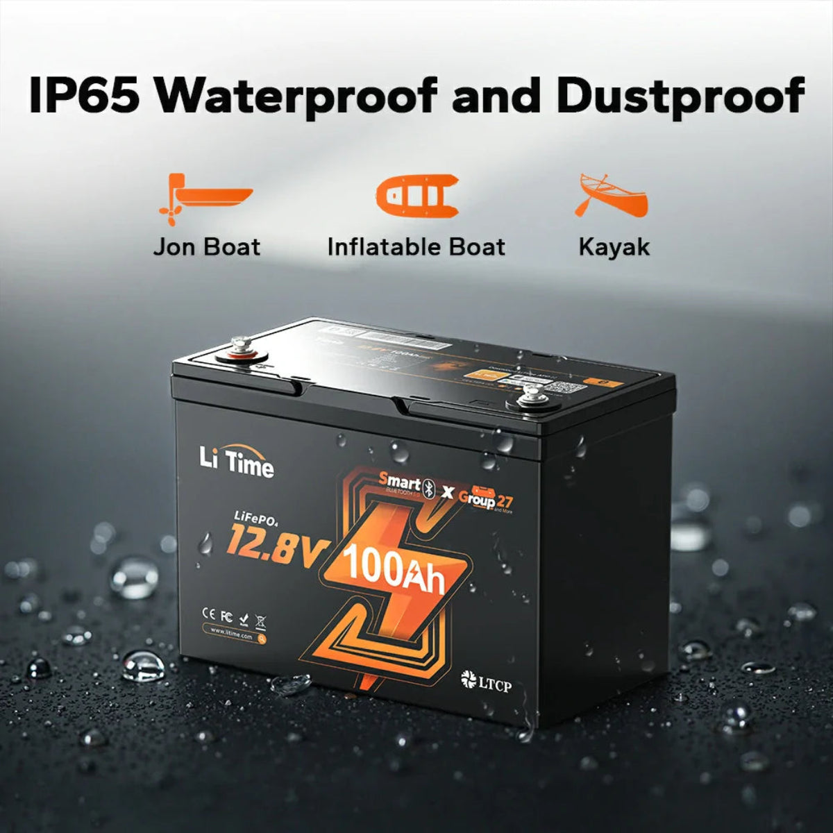 Battery with IP65 waterproof and dustproof features, suitable for boats, on a gray background.