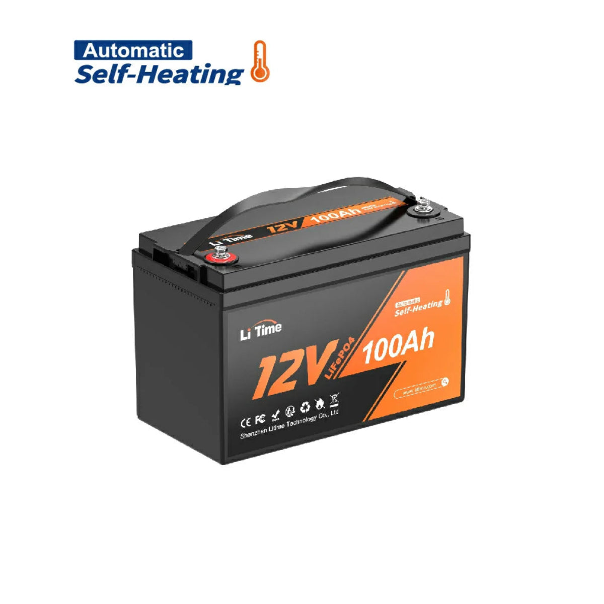 Front view of LiTime 12V 100Ah self-heating deep-cycle lithium battery.