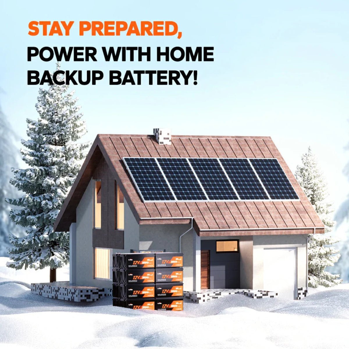 House with solar panels and home backup battery system in a snowy landscape