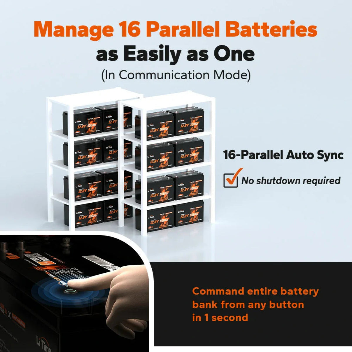 Battery management system, displaying 16 parallel batteries with single auto sync feature.