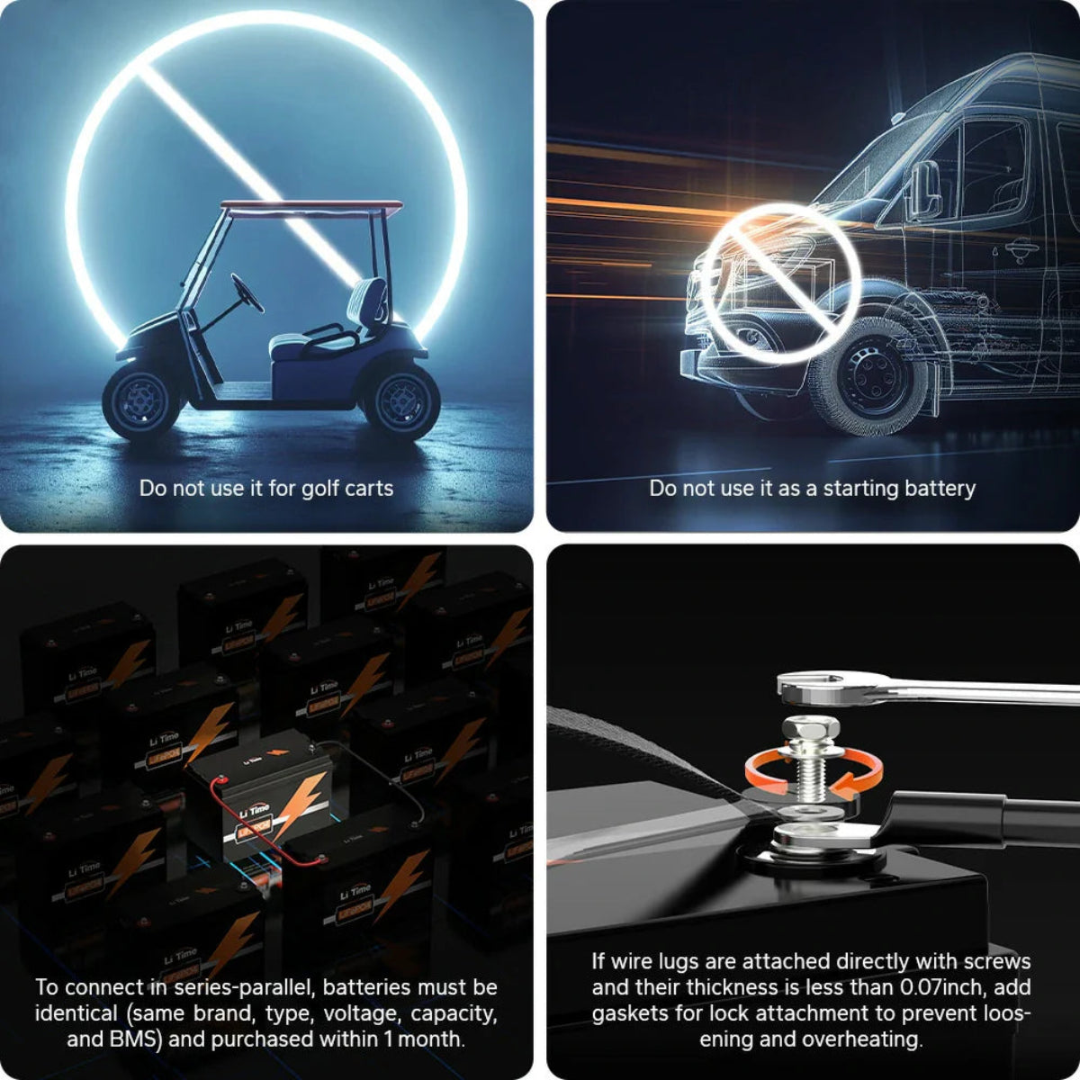 Safety instructions for a LiTime battery, including prohibited uses and connection guidelines.