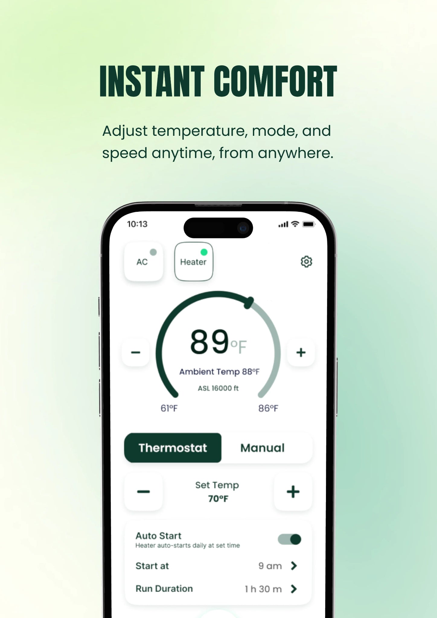 Velit mobile app showing thermostat control for heater and air conditioner