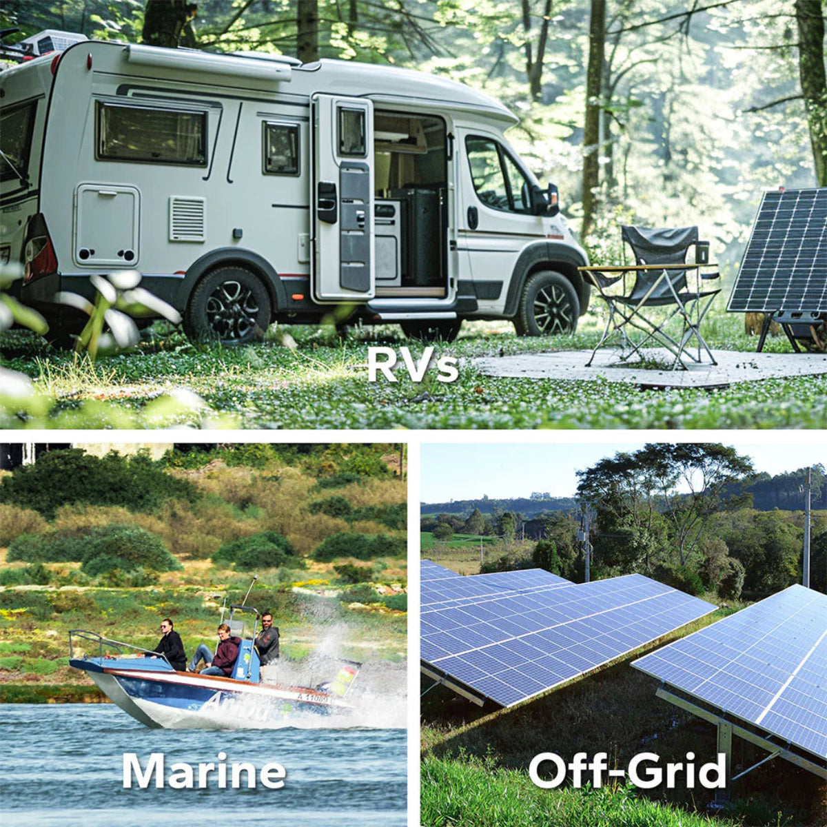 Collage of RVs, a boat, and solar panels showing versatility of LiTime batteries.