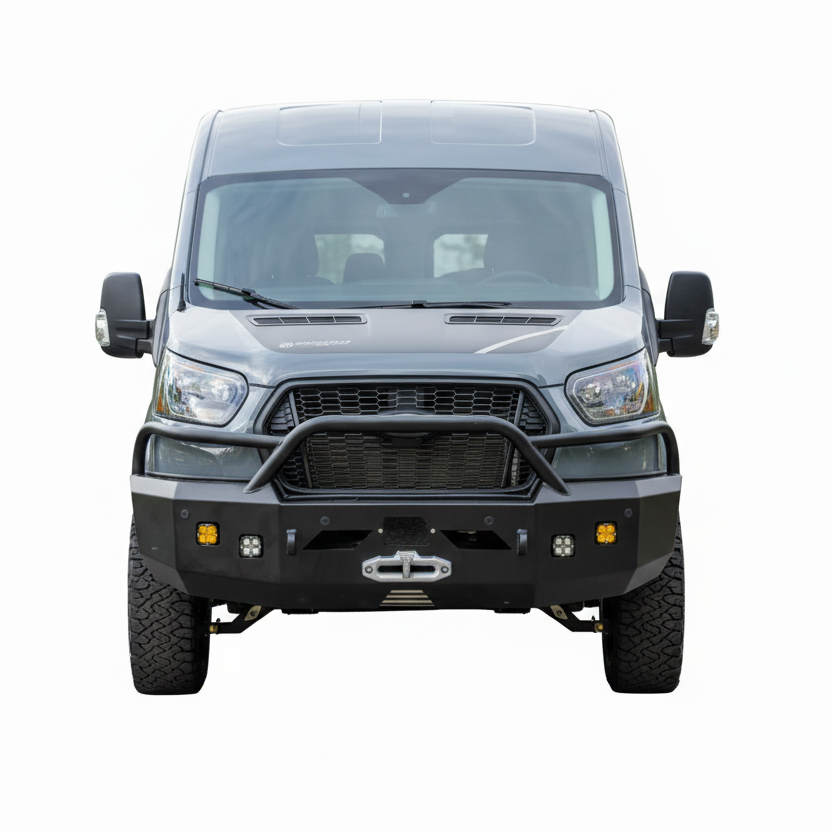 Front view of Aluminess winch bumper mounted on a Ford Transit van