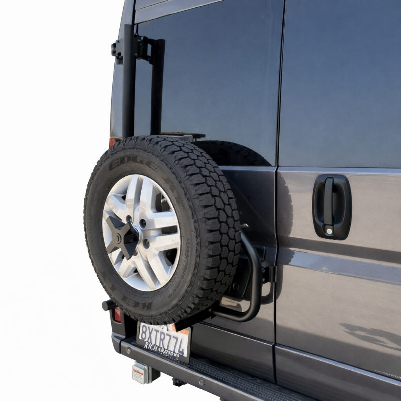 Angled view of Aluminess driver-side rear box and tire rack on ProMaster