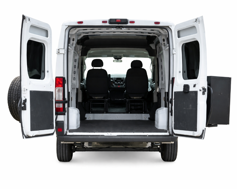 Rear view of Aluminess box and tire rack on opened ProMaster doors