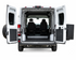 Rear view of Aluminess box and tire rack on opened ProMaster doors