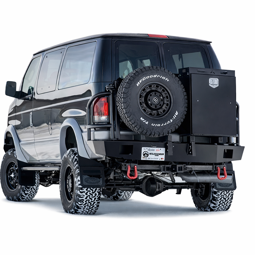 Aluminess rear bumper for Ford E-Series vans, designed for 1992 - 2014 on a white background