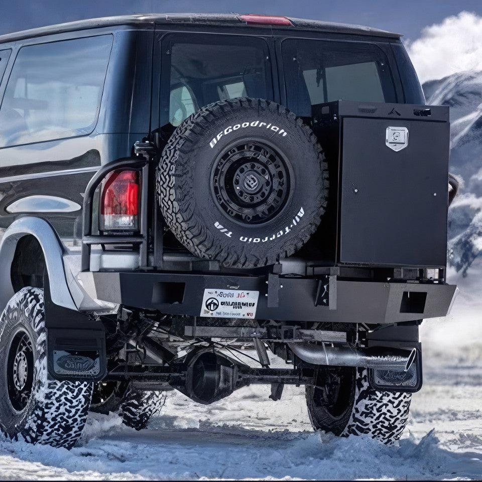 Aluminess rear bumper with swing arm and spare tire carrier for Ford E-Series vans