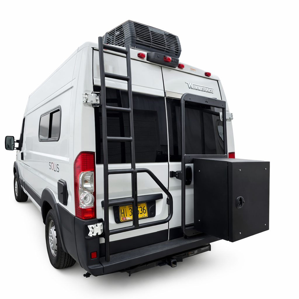 Ram ProMaster van equipped with Aluminess rear ladder for rooftop access