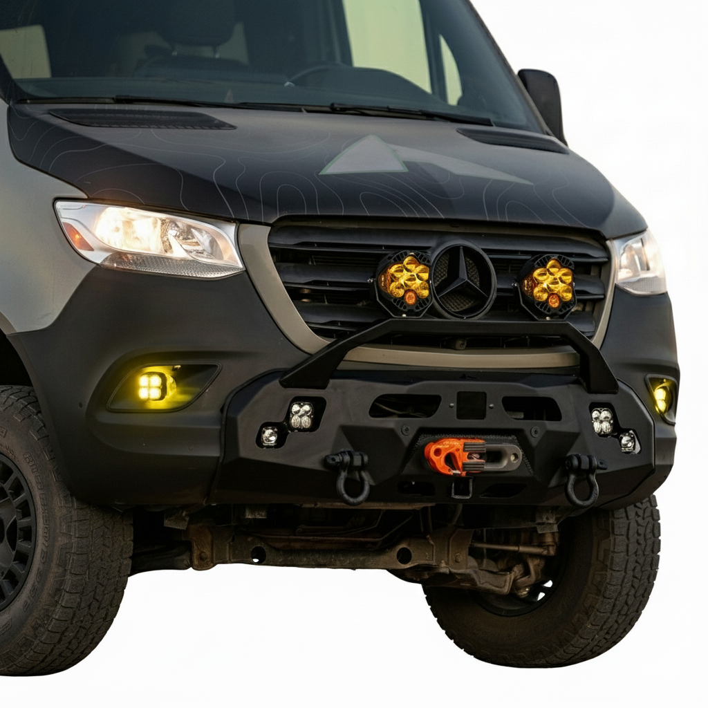 Recon series aluminum front winch bumper by Aluminess for Sprinter