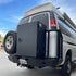 Chevy Express rear bumper by Aluminess with integrated swing-out tire carrier and storage box