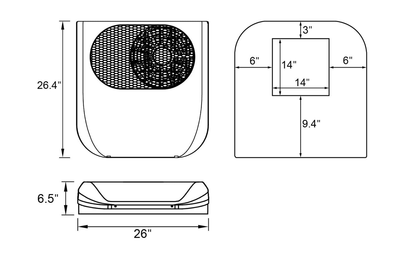 Dimensions and mounting measurements for the Velit 2000R rooftop air conditioner