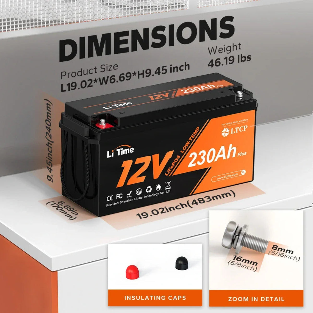 LiTime 12V 230Ah battery with dimensions and specifications 