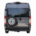 Aluminess rear door–mounted box and tire carrier viewed from behind