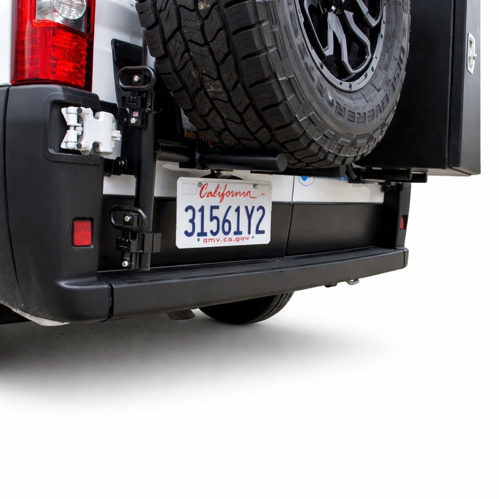 Ram ProMaster van equipped with Aluminess rear ladder, showing ladder mount and swing out pin details