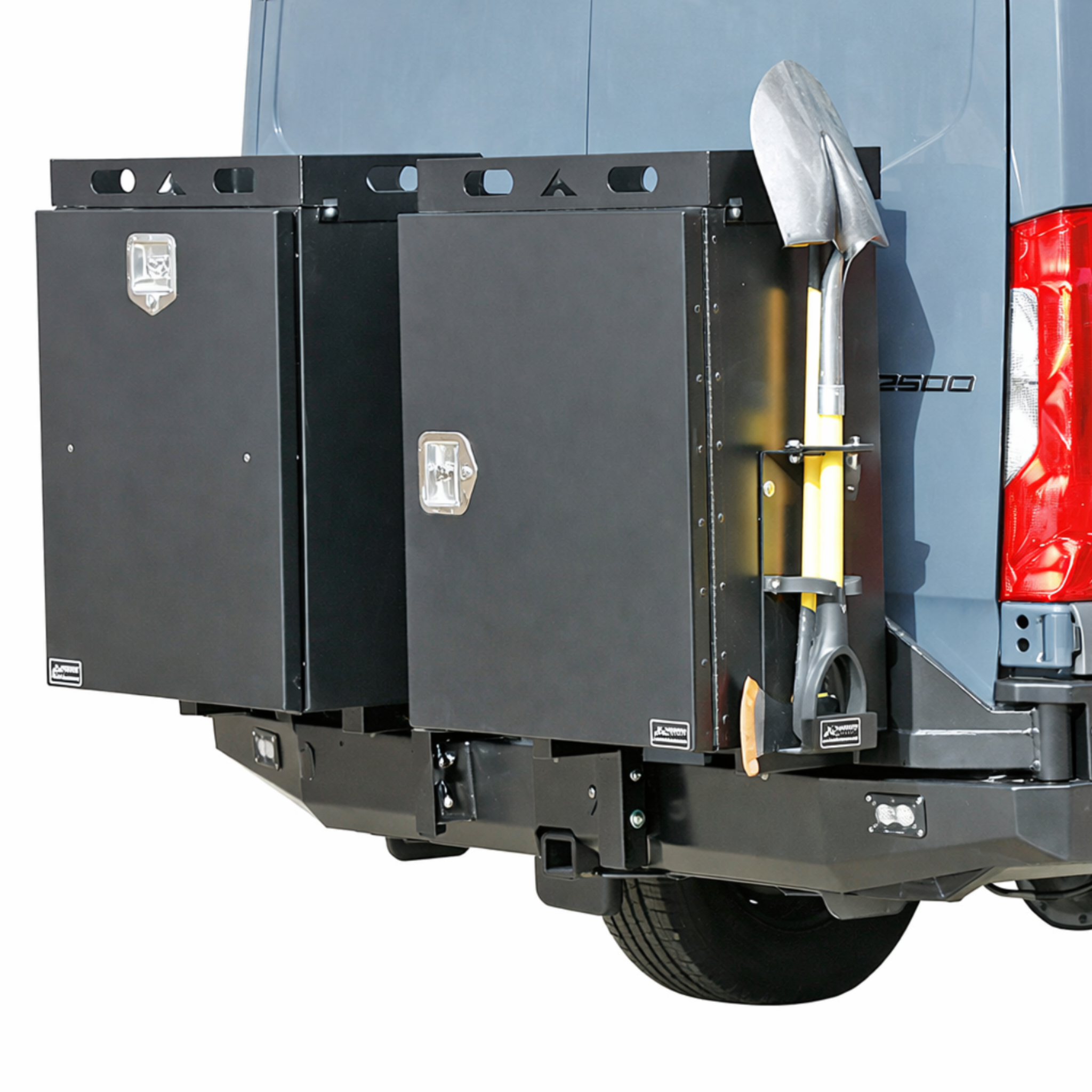 Profile view of storage boxes on rear bumper of Mercedes Sprinter van