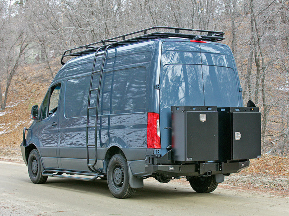 Mercedes Sprinter van traveling with Aluminess rear bumper and storage boxes